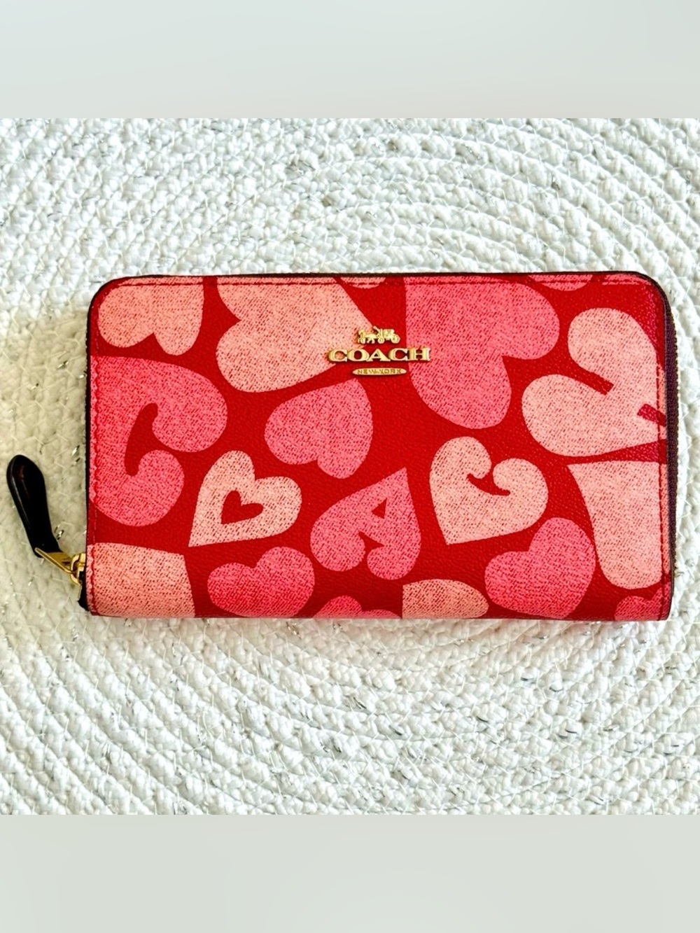 Coach Red and Pink Heart Zip Around Wallet Great Condition!